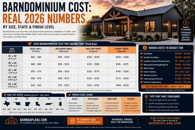 Barndominium Cost: Real 2026 Numbers by Size, State & Finish Level
