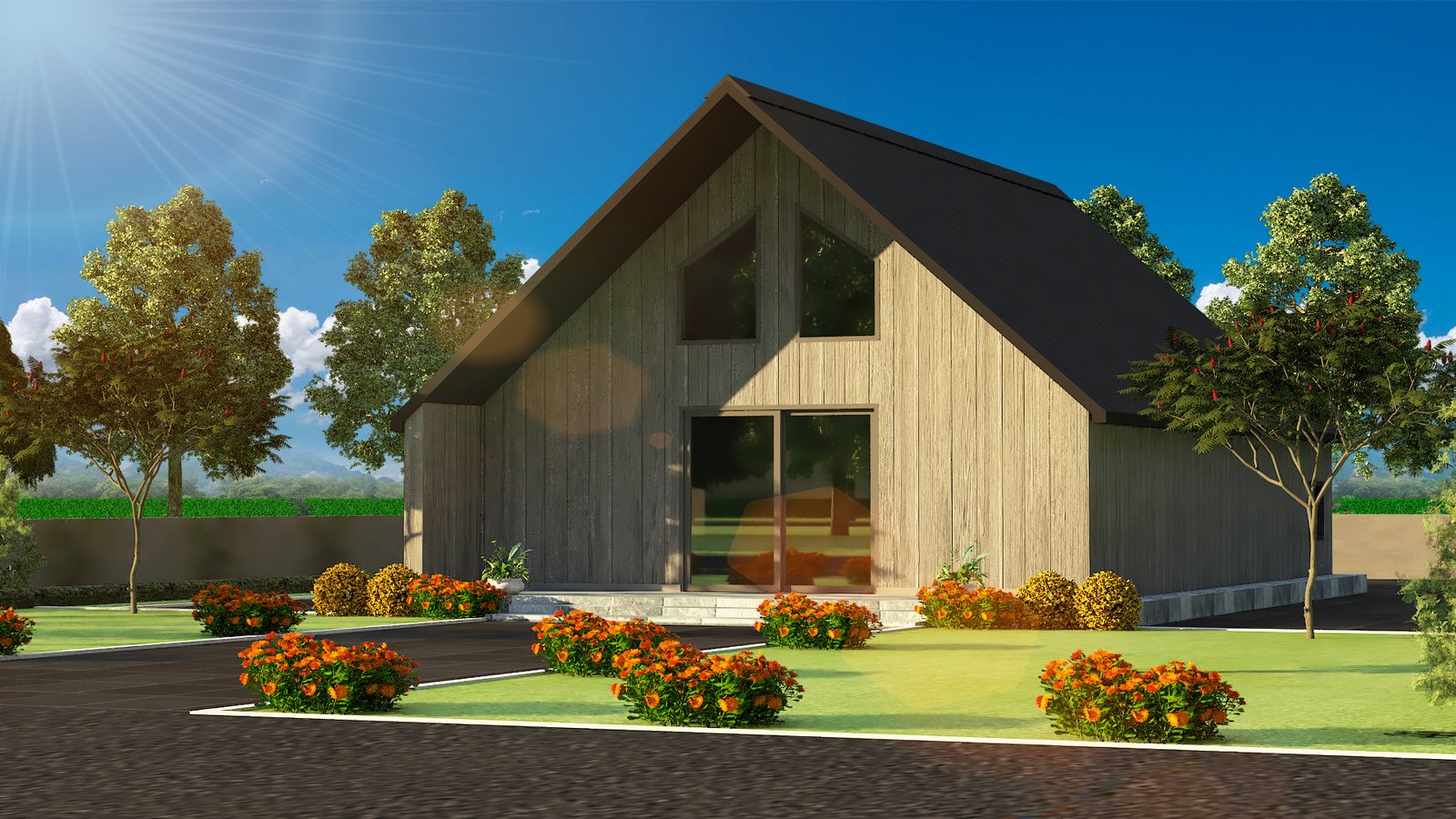 3D render of a modern barndominium