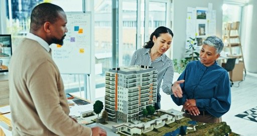 Business people, architect and team with 3D model for project planning or real estate design at off.