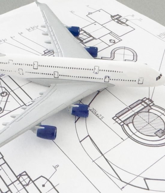Image of passenger airplane and engineering blueprint. High quality photo