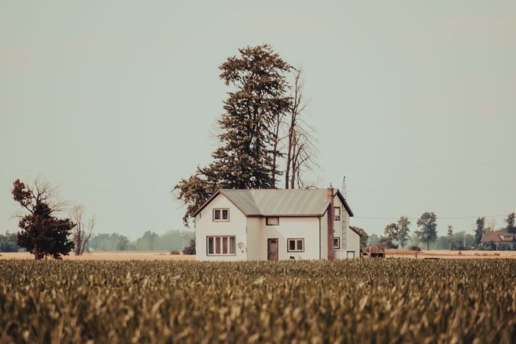An old, derelict house stands solitary in a landscape of green, lush grass