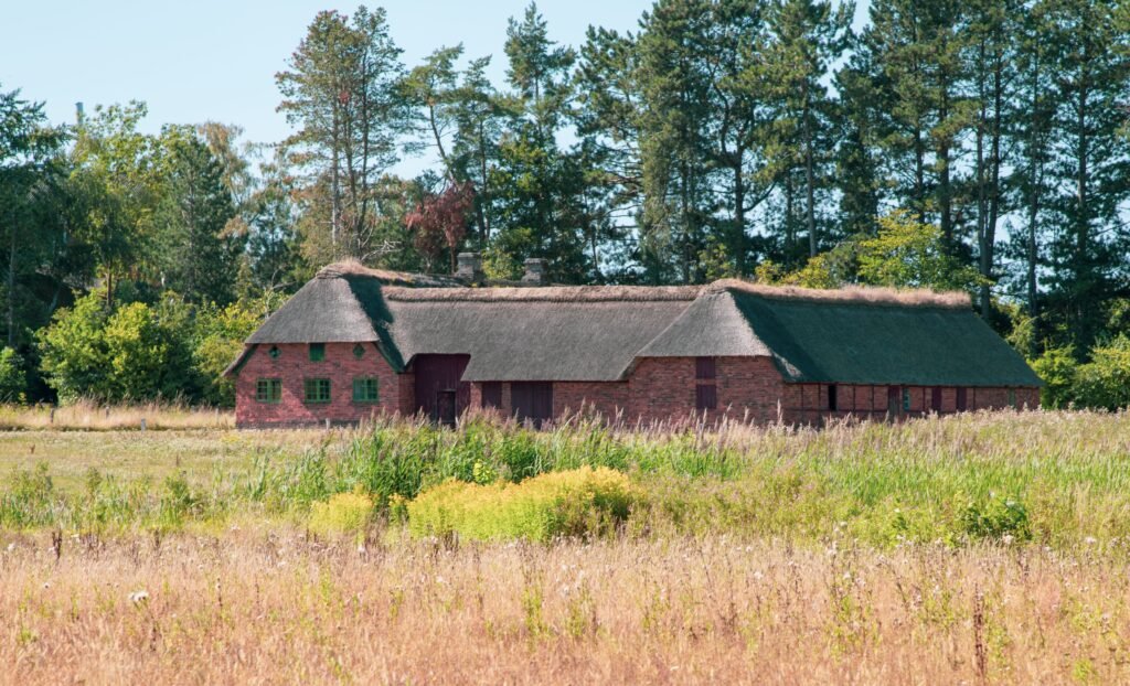 The facade of a house with seaweed roof in the countryside