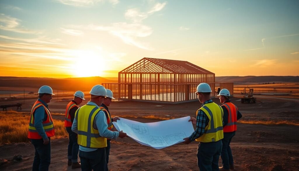 A construction site at golden hour, featuring a partially built barndominium in the middle ground. In the foreground, workers in hard hats and safety vests are collaborating, discussing blueprints and coordinating their efforts. The background showcases the surrounding rural landscape, with rolling hills and a vibrant sky. The lighting is warm and soft, casting a gentle glow over the scene. The overall atmosphere conveys a sense of progress, teamwork, and the challenges of transforming a vision into a tangible structure.