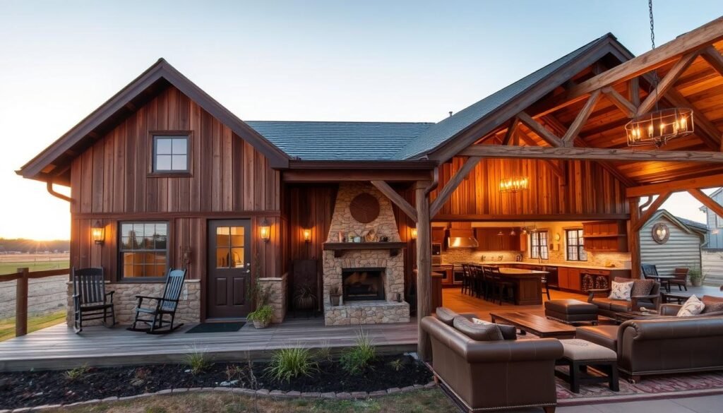 A cozy rustic barndominium nestled in a picturesque countryside setting. The building features a charming mix of weathered wood, stone, and wrought iron accents, creating a warm and inviting aesthetic. The front porch extends a welcoming embrace, with rocking chairs and potted plants adding to the relaxed, homely vibe. Warm, golden light filters through large windows, casting a soft, ambient glow over the interior's exposed beams and neutral color palette. The open-concept floor plan seamlessly blends the living, dining, and kitchen areas, encouraging togetherness and comfortable living. Rustic, handcrafted furniture and décor elements, such as a stone fireplace and vintage-inspired light fixtures, further accentuate the barndominium's rustic chic appeal.