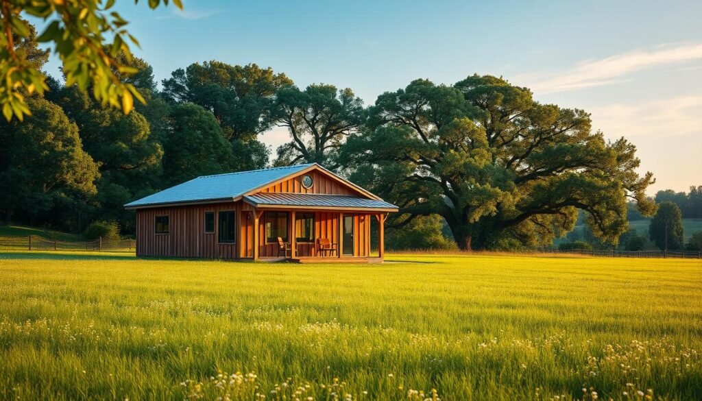 A cozy, well-lit barndominium nestled in a lush, verdant landscape. The small, single-story structure features a rustic exterior with weathered wooden siding, a metal roof, and large windows that flood the interior with natural light. The foreground showcases the home's simple, clean-lined design, while the middle ground depicts a tranquil, rolling meadow dotted with wildflowers. In the background, a line of majestic oak trees sway gently in the breeze, creating a serene and inviting atmosphere. The overall scene conveys a sense of comfort, affordability, and the perfect balance between modern living and rural charm.