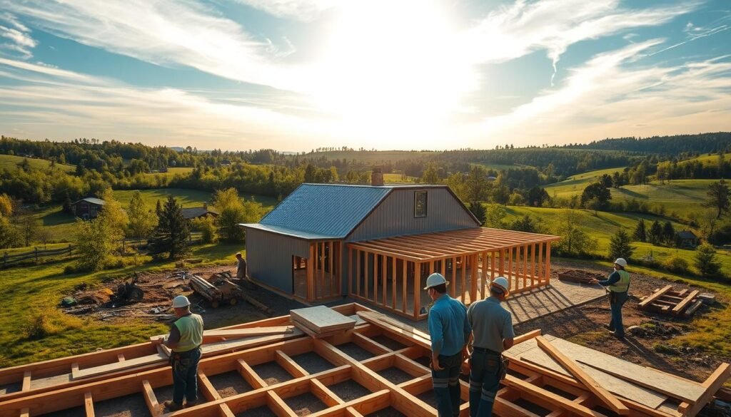 A custom barndominium construction site nestled in a verdant, rolling countryside. In the foreground, skilled builders in hard hats and tool belts, meticulously laying wooden beams and plywood panels. The mid-ground features a partially constructed structure, its metal siding and exposed framing hinting at the unique blend of rustic and modern design. In the background, a picturesque landscape of lush hills, towering trees, and a clear, blue sky, illuminated by warm, golden sunlight filtering through wispy clouds. The scene conveys a sense of craftsmanship, attention to detail, and the perfect harmony between nature and human ingenuity.