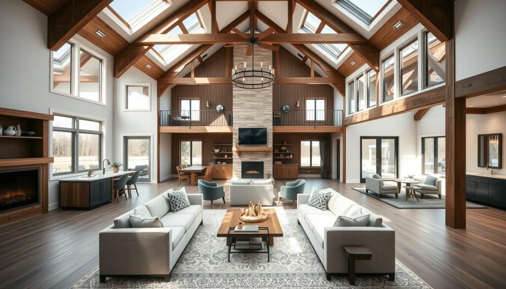 A modern, spacious barndominium floor plan with an open layout, featuring a large living room, a well-equipped kitchen, and a dining area seamlessly integrated. The design maximizes natural light through wide windows and skylights, creating a warm and inviting atmosphere. The middle ground showcases a cozy seating arrangement around a fireplace, while the background reveals an expansive master bedroom with an ensuite bathroom. The overall aesthetic blends rustic charm with contemporary elegance, perfectly suited for a dream home. Captured in a soft, diffused lighting with a 35mm lens, emphasizing the harmonious flow of the space.