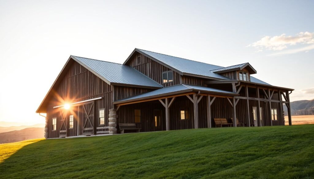 A rustic barndominium set against a backdrop of rolling hills and a cloudless sky, illuminated by warm, golden sunlight filtering through the windows. The exterior features weathered wooden siding and a metal roof, with a well-maintained, lush green lawn surrounding the structure. The camera angle showcases the building's impressive size, capturing the essence of energy efficiency and long-term cost savings. The image conveys a sense of tranquility and comfortable living, inviting the viewer to imagine the potential of this modern take on a traditional rural dwelling.