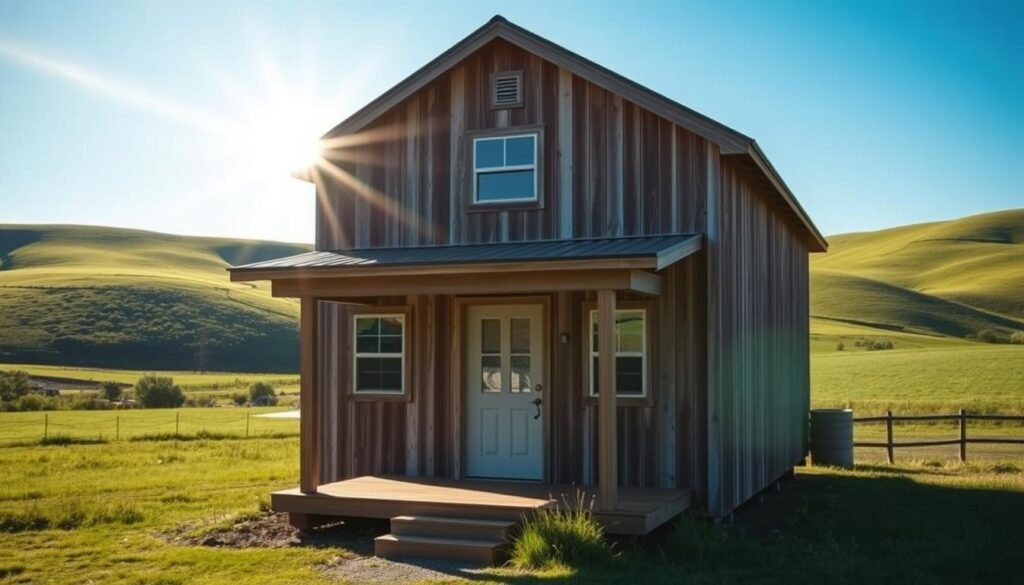 A small, well-crafted barndominium nestled in a lush, rolling landscape. Sunlight filters through the barn's weathered wooden siding, casting a warm glow over the simple, functional design. The front features a covered porch, inviting closer inspection of the compact yet charming floor plan. Carefully placed windows and a modest roofline create a harmonious, rustic aesthetic. In the background, verdant hills and a clear blue sky set the stage for this cozy, affordable living solution, perfect for first-time homeowners seeking a unique and practical abode.