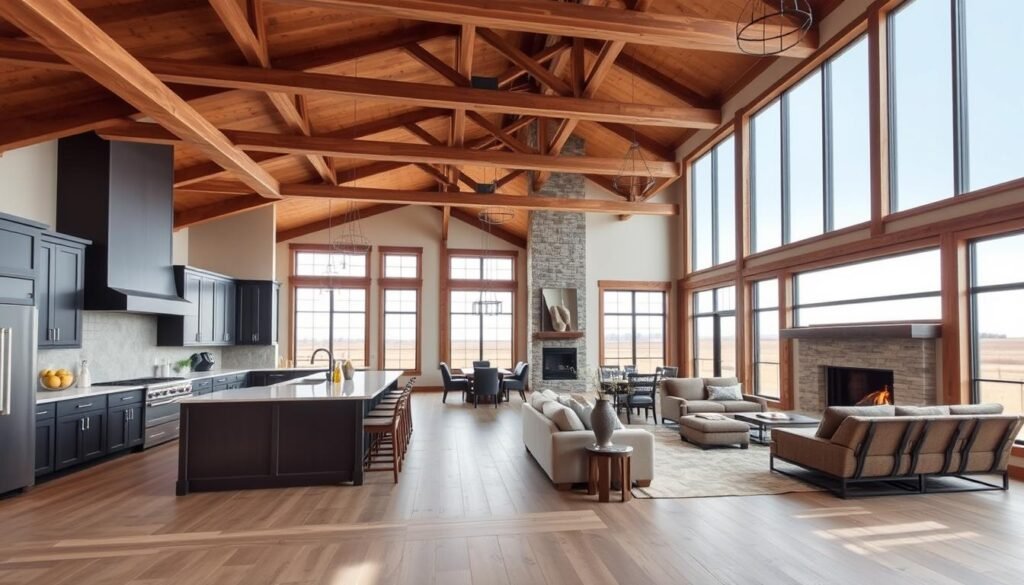 A spacious, modern barndominium design with rustic charm. In the foreground, a large open-concept living area with high ceilings, exposed beams, and expansive windows that flood the space with natural light. In the middle ground, a well-equipped kitchen with sleek, farmhouse-inspired cabinetry and a central island. The background features a cozy lounge area with comfortable seating and a stone fireplace, creating a warm and inviting atmosphere. The overall scene conveys a harmonious blend of contemporary and traditional elements, showcasing the design flexibility and versatility of a barndominium.