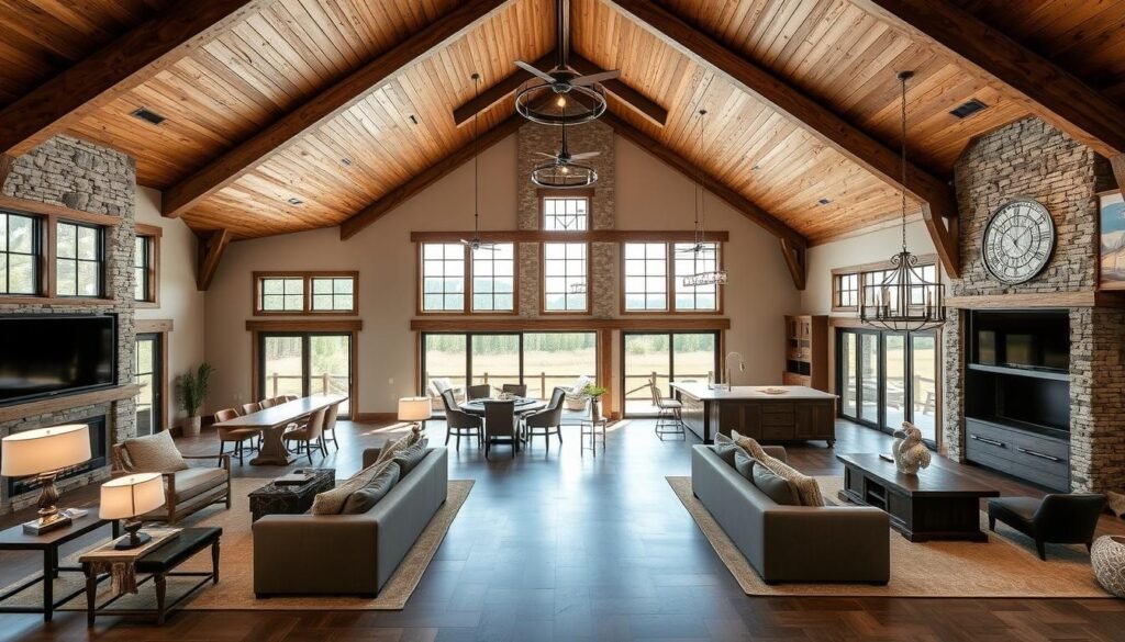 Spacious barndominium floor plans with an open-concept layout, featuring a large living room, dining area, and well-equipped kitchen. High ceilings and abundant natural light create a warm, inviting atmosphere. The plan includes a generously sized master suite and multiple guest bedrooms, along with a mudroom and laundry area. Rustic wooden beams, stone accents, and neutral color tones evoke a modern farmhouse aesthetic. Sliding glass doors open to a covered patio, seamlessly blending indoor and outdoor living spaces. Crisp, even lighting illuminates the scene, captured from a slightly elevated angle to showcase the expansive, family-friendly design.