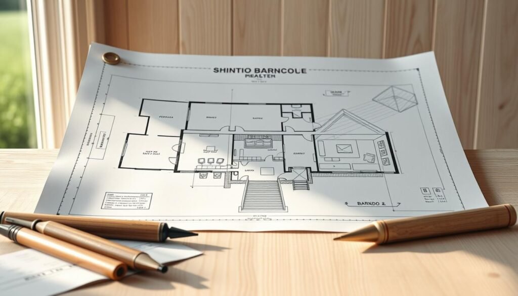A beautifully detailed architectural blueprint of a modern barndo plan, showcasing its unique blend of rustic charm and contemporary design. The blueprint is displayed on a light wooden surface, with a soft, warm lighting illuminating the intricate details. The plan features a spacious open-concept layout, with clean lines, large windows, and a seamless integration of indoor and outdoor living spaces. In the foreground, carefully placed drafting tools and architectural sketches add a touch of authenticity, while the background subtly suggests a serene, countryside setting, inspiring the viewer to imagine the perfect barndo for their dream home.