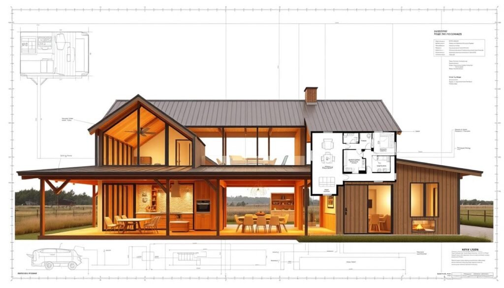 A blueprint of a modern barndo design, showcasing the key architectural features. A minimalist, open-floor plan with expansive windows and high ceilings, bathed in warm, natural lighting. The exterior features a mix of rustic wood, steel, and glass, blending seamlessly with the surrounding rural landscape. The plan highlights the practical layout, efficient use of space, and thoughtful integration of living, dining, and entertaining areas. Rendered in a clean, technical style that emphasizes the structural details and flow of the design.