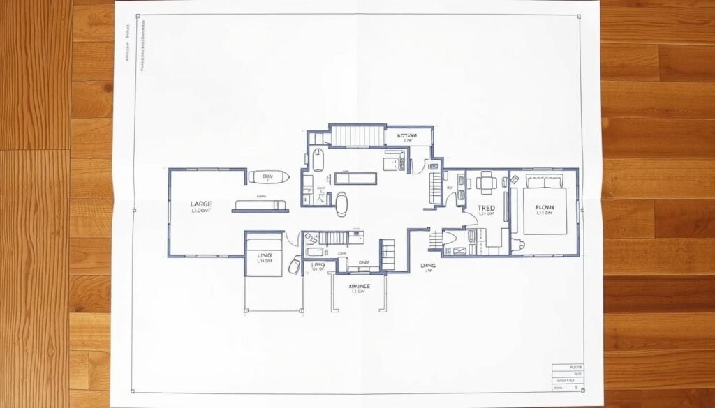 A blueprint of a modern barndominium floor plan, featuring an open-concept layout with a large living area, a spacious kitchen, and several bedrooms. The plan is drawn with precision, showcasing clean lines, ample natural light, and well-defined zones for living, dining, and sleeping. The design exudes a rustic-yet-contemporary aesthetic, blending traditional barnhouse elements with sleek, minimalist touches. The overall impression is one of functional elegance and a harmonious balance between form and function, capturing the essence of the Texas barndominium lifestyle.