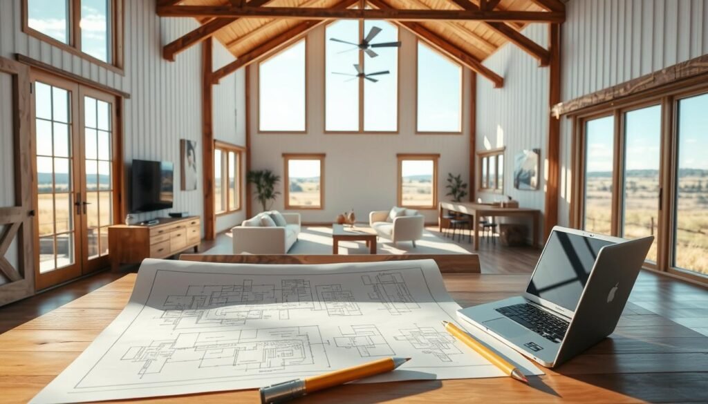 A bright, airy barndominium floor plan with an open concept living area, showcasing a rustic yet modern aesthetic. The scene features detailed architectural sketches and renderings on a drafting table, illuminated by natural light streaming in through large windows. In the foreground, a set of engineering tools and a laptop are present, hinting at the DIY nature of the design process. The middle ground depicts a minimalist, minimalist furniture arrangement to complement the barn-inspired structure. The background subtly suggests a picturesque rural landscape, creating a cohesive, inspirational setting for DIY barndominium builders.
