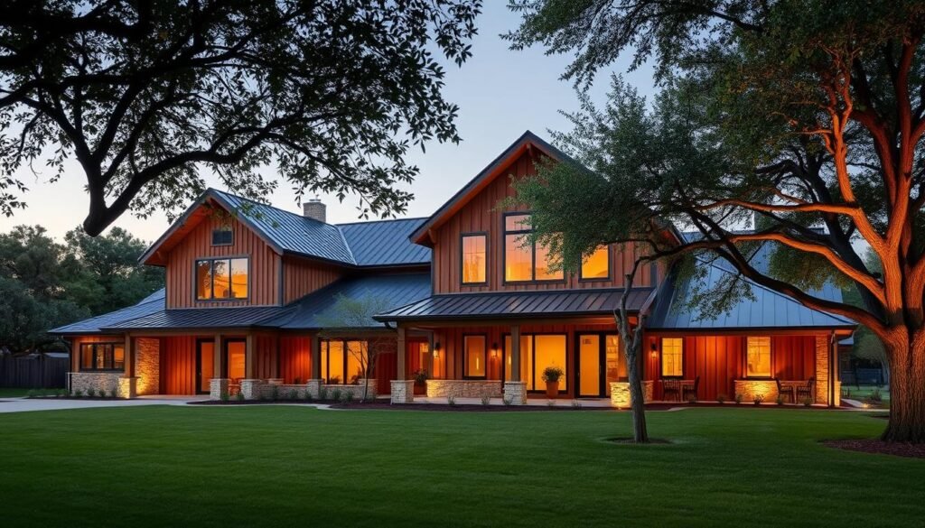 A contemporary barndominium nestled in the vibrant heart of Austin, Texas. The structure seamlessly blends rustic charm with sleek, modern elements - timber-framed walls, expansive windows, and a minimalist roofline. The property is set against a backdrop of lush, verdant landscaping, with a meticulously manicured lawn and strategically placed shade trees. Warm, diffused lighting illuminates the scene, creating a welcoming and inviting atmosphere. The overall composition conveys a harmonious fusion of traditional Texas heritage and forward-thinking architectural design, perfectly embodying the unique spirit of the city.