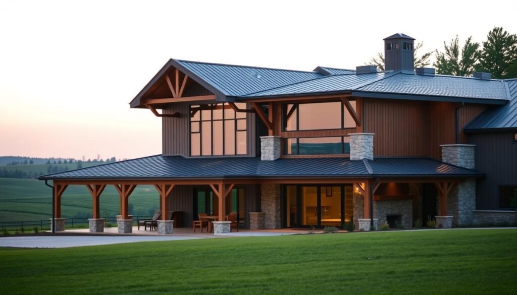 A contemporary barndominium with a sleek, modern facade. In the foreground, a well-designed porch with clean lines and minimalist decor. The middle ground showcases the main structure, featuring large windows, a metal roof, and a harmonious blend of wood and stone accents. The background sets the scene with a lush, natural landscape, perhaps a rolling meadow or a stand of towering trees. Warm, diffused lighting casts a serene glow, highlighting the structure's architectural details. The overall composition exudes a sense of sophisticated rural living, blending the rustic charm of a barndominium with a modern, high-end aesthetic.