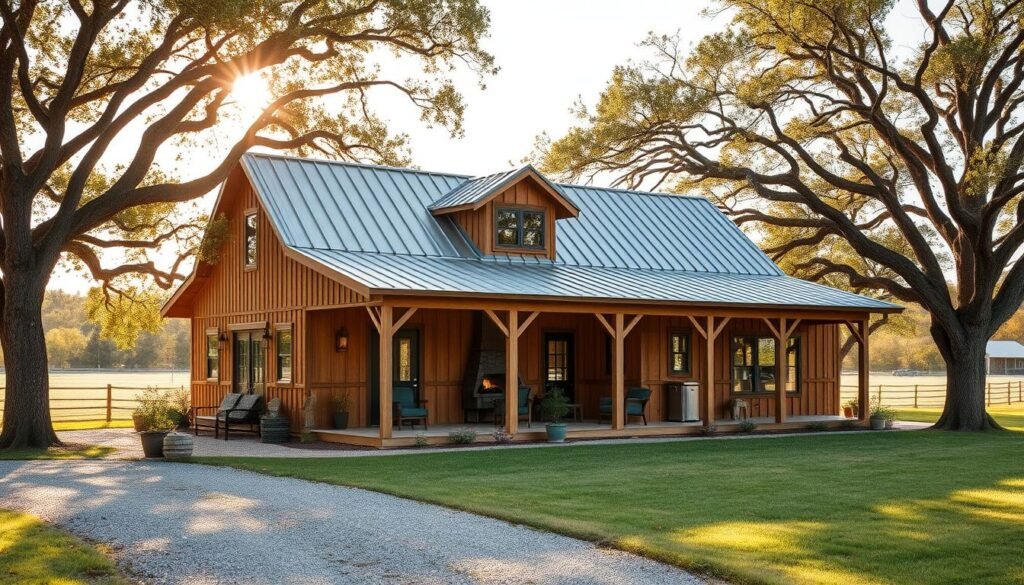 A cozy 30x40 barndominium nestled in a picturesque countryside setting. The warm, rustic exterior features weathered wood siding, a charming wraparound porch, and a metal roof that catches the soft afternoon sunlight. Towering oak trees provide dappled shade, while a gravel driveway leads to the entrance. The open-concept interior boasts high ceilings, exposed beams, and large windows that flood the space with natural light. A central fireplace anchors the living area, while the kitchen showcases modern farmhouse-inspired cabinetry and appliances. This harmonious blend of rural charm and practical functionality exemplifies the unique appeal of the 30x40 barndominium design.