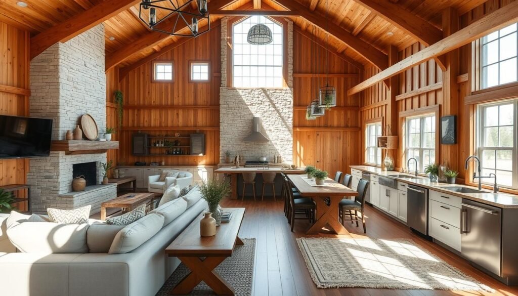 A cozy and inviting barndominium interior with warm lighting, natural wood accents, and a mix of modern and rustic furnishings. The spacious open-concept layout features a plush sectional sofa, a large farmhouse-style dining table, and a fully equipped kitchen with sleek appliances. Sunlight pours in through large windows, highlighting the textured stone fireplace and creating a serene, tranquil atmosphere. Decorative elements, such as hanging plants, wall art, and textured rugs, add depth and character to the space. The overall design seamlessly blends the charm of a traditional barn with the comfort and functionality of a modern home.