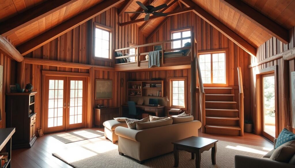 A cozy and inviting loft barndominium, bathed in warm natural light filtering through large windows. The open floor plan features exposed wooden beams and a rustic aesthetic, with a plush seating area and a wooden staircase leading up to the loft. The loft space is airy and bright, showcasing a cozy reading nook and a desk, perfect for a home office or a private retreat. The scene conveys a sense of relaxation and comfort, with earthy tones and natural materials creating a harmonious and serene atmosphere.
