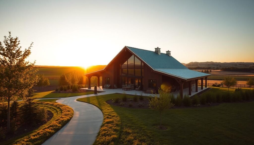 A cozy barndominium nestled amidst a serene countryside, bathed in the warm glow of a golden sunset. The exterior features a charming blend of rustic wood, sleek metal accents, and large windows that flood the interior with natural light. The middle ground showcases a well-manicured garden, with lush greenery and a winding path leading to the front entrance. In the background, rolling hills and a picturesque skyline complete the idyllic scene, creating a sense of tranquility and comfort. The image is captured with a wide-angle lens, showcasing the harmonious balance of the barndominium's architectural design and its picturesque surroundings.