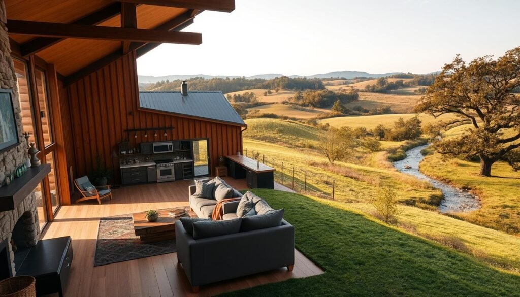A cozy barndominium nestled in a lush, rolling countryside. In the foreground, a spacious open-concept living area with warm, rustic wood accents and a stone fireplace. Soft, natural lighting filters in through large windows, casting a gentle glow. The middle ground features a modern, farmhouse-style kitchen with sleek appliances and a wood-topped island. Beyond, a picturesque landscape unfolds, with undulating hills, a winding creek, and towering oak trees. The overall atmosphere exudes a sense of peaceful, countryside living, blending modern comforts with the charm of a traditional barn.