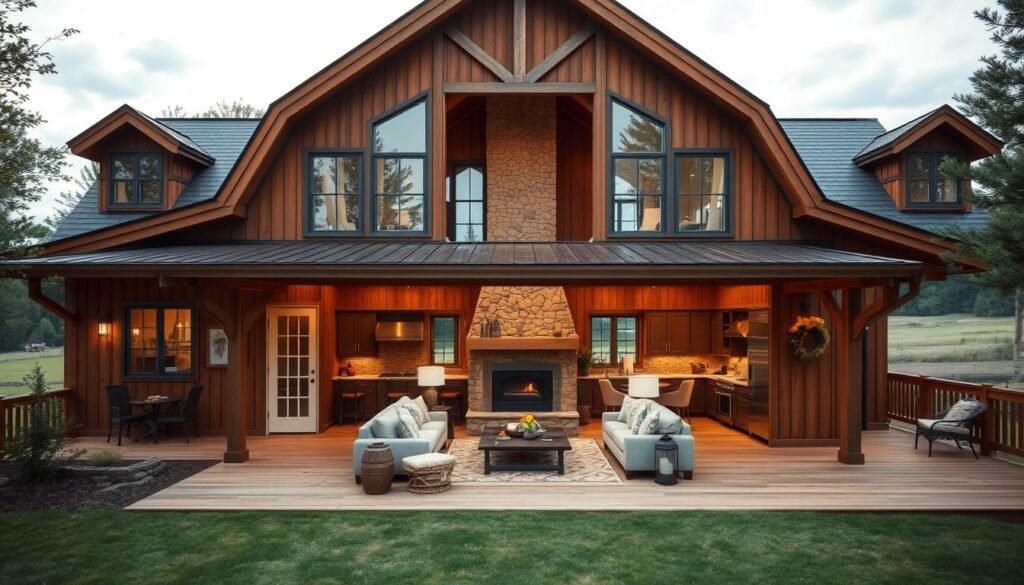 A cozy barndominium nestled in a picturesque countryside, with a warm, rustic exterior of wood and stone. The front entrance features a charming covered porch, inviting visitors to step inside. Large windows flood the interior with natural light, revealing an open-concept layout with exposed beams and a central stone fireplace. The kitchen boasts custom cabinetry and farmhouse-inspired decor, while the living area showcases a plush sectional and decorative accents that evoke a sense of countryside elegance. The rear of the home overlooks a verdant landscape, with a wraparound deck providing the perfect spot to enjoy the tranquil, pastoral setting. Soft, diffused lighting casts a welcoming glow throughout, creating a harmonious and inviting atmosphere.
