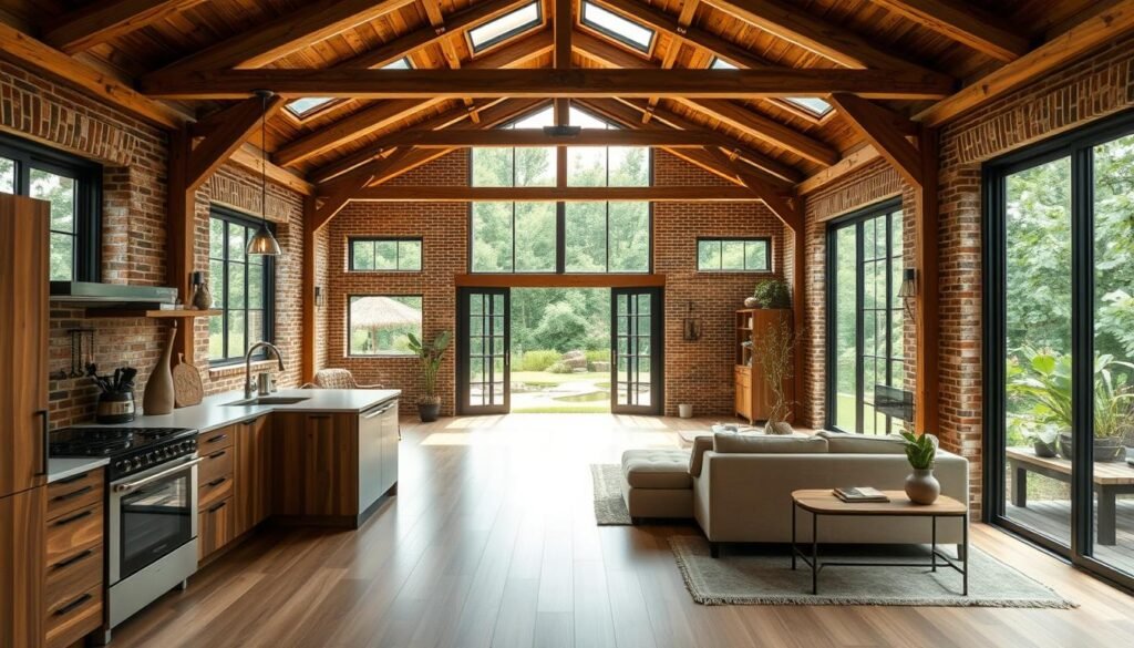 A cozy, eco-friendly barndominium with a modern, open-concept floor plan. The structure features large windows that flood the interior with natural light, showcasing the rustic timber beams and exposed brick walls. In the foreground, a minimalist kitchen with sleek, energy-efficient appliances, and wooden cabinetry. The middle ground reveals a spacious living area with comfortable, sustainable furnishings. In the background, a tranquil outdoor scene with a lush, well-maintained garden and a small pond. The overall atmosphere exudes a sense of harmony, efficiency, and a connection to nature.
