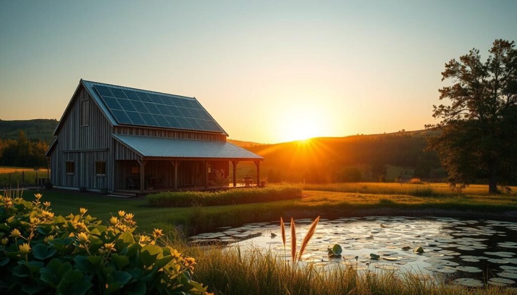 A cozy off-grid barndominium nestled in a lush, rolling landscape. The timber-framed structure stands tall, its weathered facade blending seamlessly with the surrounding natural beauty. Solar panels adorn the sturdy metal roof, harnessing the sun's energy to power the self-sufficient dwelling. In the foreground, a well-tended garden flourishes, providing a bountiful harvest. A serene pond reflects the tranquil scene, its surface dotted with lily pads. The warm, golden hues of the setting sun cast a soft glow, illuminating the scene with a sense of peace and tranquility. This image captures the essence of off-grid living, where sustainability and harmony with nature are the cornerstones of a truly eco-conscious lifestyle.
