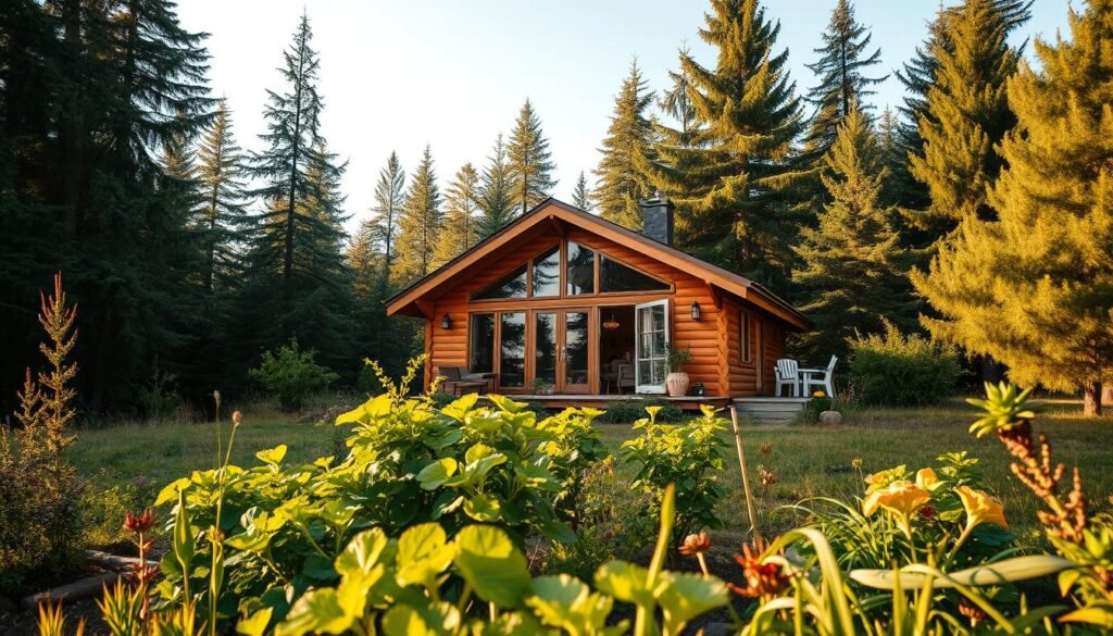 A cozy off-the-grid home nestled amidst a lush forest, its wooden exterior seamlessly blending with the surrounding nature. In the foreground, a well-tended garden bursts with vibrant vegetables and herbs, reflecting the residents' self-sufficient lifestyle. The middle ground showcases a modest, but tastefully designed cabin with large windows that invite natural light and offer panoramic views of the serene landscape. In the background, towering evergreen trees sway gently in the breeze, creating a sense of tranquility and privacy. The scene is bathed in warm, golden sunlight, evoking a peaceful and harmonious atmosphere. The overall composition conveys a balanced and sustainable living experience, where the residents exist in harmony with their natural surroundings.