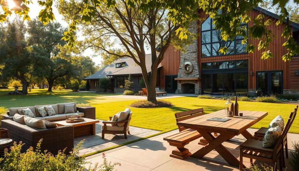 A cozy outdoor living area in a modern barndominium, nestled amidst lush greenery. The foreground features a well-appointed patio with comfortable lounge furniture, a stone fireplace, and a rustic wooden table for al fresco dining. Mid-ground showcases a sprawling lawn dotted with mature trees and flowering shrubs, creating a serene, park-like atmosphere. The background depicts the striking silhouette of the barndominium, its wooden siding and large windows blending harmoniously with the natural surroundings. Warm, golden sunlight bathes the scene, casting a welcoming glow and highlighting the textures of the materials. The overall composition evokes a sense of relaxation, outdoor living, and a harmonious integration of the built and natural environments.