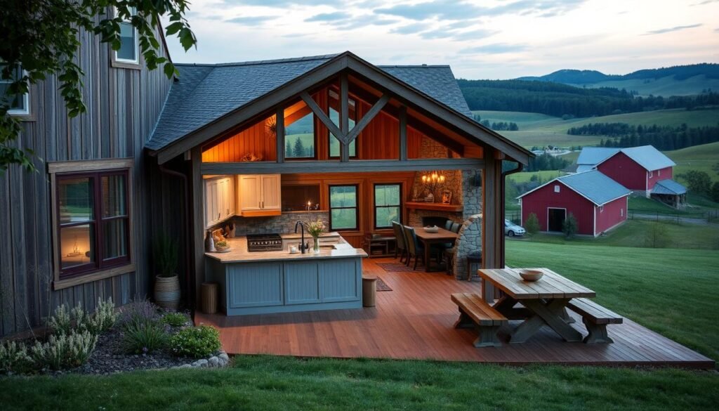 A cozy, rustic barndominium nestled in a lush, rolling landscape. The exterior features weathered wood siding, large windows, and a welcoming porch. Inside, an open-concept layout blends modern comforts with country charm - a spacious kitchen with shaker cabinets, a living room with a stone fireplace, and a dining area with a reclaimed wood table. Soft, ambient lighting casts a warm glow, while natural textures like exposed beams and wooden flooring create a sense of tranquility. In the distance, a red barn stands tall, surrounded by verdant fields and a picturesque, hilly horizon. This image captures the essence of the modern barndominium lifestyle - a harmonious blend of rustic elegance and practical living.