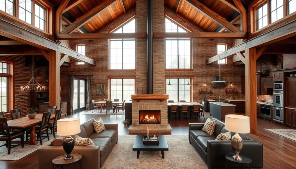 A cozy, rustic interior of a barndominium featuring an open-concept floor plan. The living room, dining area, and kitchen seamlessly flow together, creating a warm and inviting atmosphere. Wooden beams and exposed brick walls add character, complemented by modern furnishings and large windows that flood the space with natural light. A central fireplace serves as the focal point, casting a soft glow and creating a sense of coziness. The overall design strikes a balance between the building's agricultural roots and contemporary living, showcasing the versatility and charm of this popular barndominium style.
