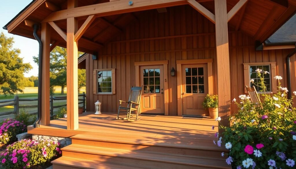 A cozy wraparound porch embraces a charming barndominium, its warm wooden beams and rustic siding bathed in the golden glow of a late afternoon sun. The porch's wide, inviting steps lead up to a pair of rocking chairs, beckoning visitors to sit and take in the peaceful, rural landscape. Lush greenery and blooming flowers surround the home, creating a serene, inviting atmosphere. The scene is captured through a wide-angle lens, highlighting the harmonious integration of the structure with its natural environment. This picturesque barndominium porch exudes a sense of comfort, tradition, and relaxation.