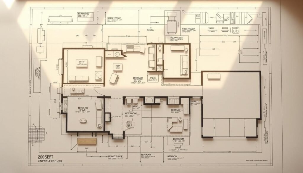 A detailed architectural blueprint of a barndominium design, showcasing a modern farmhouse aesthetic. The plan lays out the floor layout, including an open-concept living area, a spacious kitchen, bedrooms, and a garage. Rendered in muted earth tones, the plans are illuminated by soft, natural lighting, creating a warm and inviting atmosphere. The perspective is from an overhead angle, allowing for a comprehensive view of the design. The technical details are clearly visible, providing insight into the structural elements and the overall flow of the space.