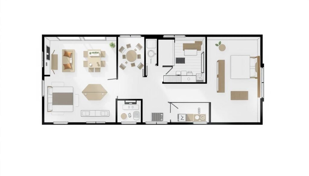 A detailed architectural floor plan of a modern Barndominium, showcasing its sleek and functional design. The layout features an open-concept living area, with a spacious kitchen and dining room seamlessly integrated. The bedrooms are situated for privacy, while the bathrooms are strategically placed for convenience. Natural light floods the space through large windows, creating a warm and inviting atmosphere. The plan highlights the efficient use of space, showcasing the versatility and practicality of a Barndo-style home. Rendered in a clean, minimalist style with muted tones, the image emphasizes the aesthetic appeal and design considerations that make Barndo floor plans a popular choice.