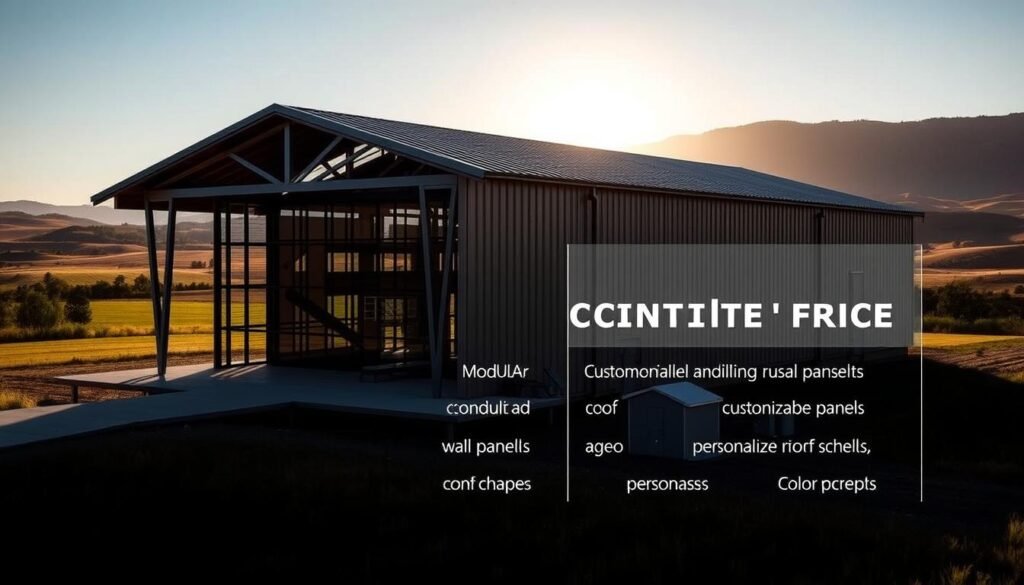 A detailed, modern metal building design with a sleek, industrial aesthetic. The structure features a prominent front entrance framed by angular steel beams and large windows, allowing ample natural light. The middle ground showcases a variety of customization options, including modular wall panels, customizable roof shapes, and personalized color schemes. In the background, a rural landscape with rolling hills provides a serene, countryside setting. Dramatic, directional lighting casts dynamic shadows, emphasizing the building's architectural elements. The overall composition conveys a sense of innovative, flexible design tailored to the needs of a modern, rural construction project. A detailed, modern metal building design with a sleek, industrial aesthetic. The structure features a prominent front entrance framed by angular steel beams and large windows, allowing ample natural light. The middle ground showcases a variety of customization options, including modular wall panels, customizable roof shapes, and personalized color schemes. In the background, a rural landscape with rolling hills provides a serene, countryside setting. Dramatic, directional lighting casts dynamic shadows, emphasizing the building's architectural elements. The overall composition conveys a sense of innovative, flexible design tailored to the needs of a modern, rural construction project.