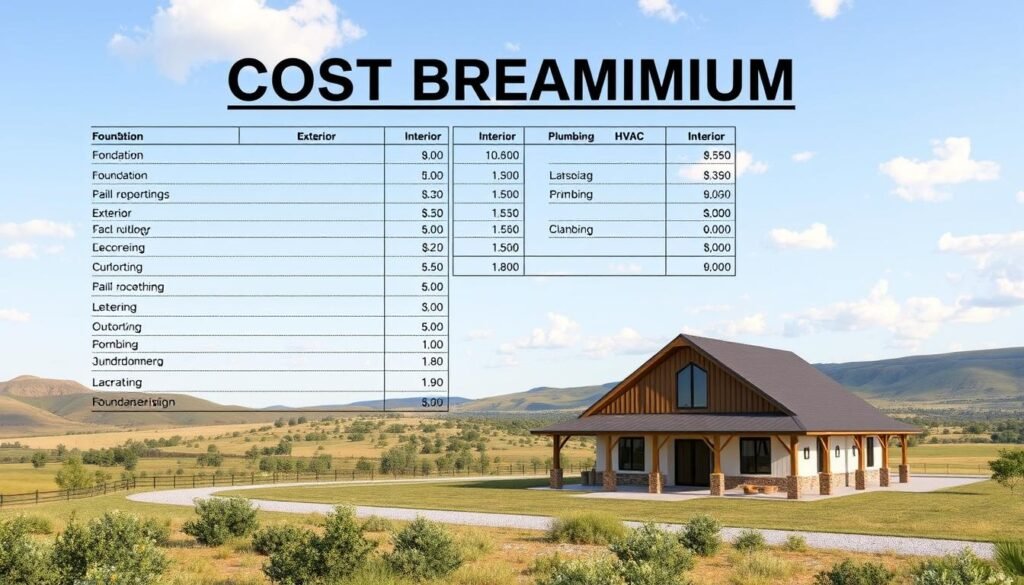 A detailed, technical illustration of a barndominium cost breakdown in a well-lit, high-definition photorealistic style. The foreground features a comprehensive cost estimate breakdown with line items for foundation, framing, exterior, interior, electrical, plumbing, HVAC, and other key construction components. The middle ground shows an architectural 3D render of a modern, rustic-style barndominium with a gabled roof, large windows, and a wrap-around porch. The background depicts a picturesque Texas countryside landscape with rolling hills, lush greenery, and a clear blue sky. The overall scene conveys the practical, informative nature of the cost analysis while highlighting the aesthetic appeal of a barndominium home.