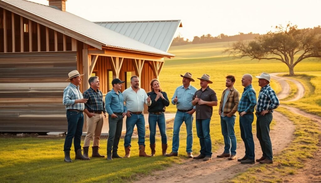 A group of experienced barndominium builders standing in front of a newly constructed country-style home in rural Texas. The warm afternoon sunlight casts a soft glow over the weathered wood siding and metal roof, complementing the tranquil pastoral setting. The builders, clad in work boots and denim, gesture animatedly, discussing construction techniques and design elements with potential clients. In the background, a lush green meadow stretches out, dotted with oak trees and a winding dirt road leading to the distance. The overall atmosphere conveys the expertise, craftsmanship, and care that go into building a custom barndominium in the heart of the Lone Star State.