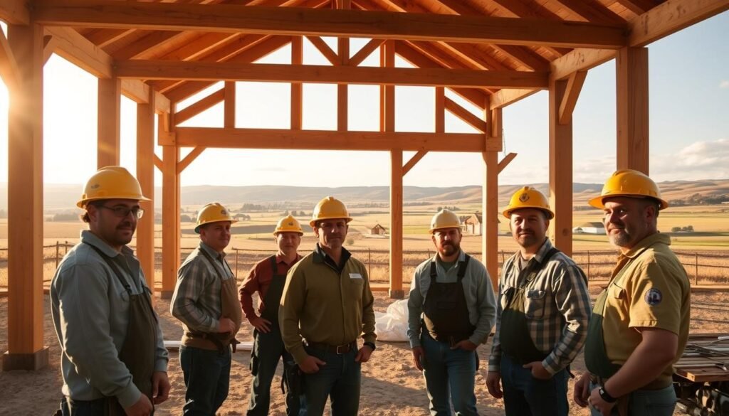 A group of skilled Barndominium builders, clad in hard hats and work gear, standing amidst a partially constructed timber-frame structure. Warm, natural lighting illuminates the scene, casting long shadows as the builders carefully measure and assemble the wooden beams. In the background, a sprawling rural landscape with rolling hills and a distant farmhouse provides a picturesque backdrop. The builders' faces are focused and determined, reflecting their expertise and passion for their craft. The overall atmosphere conveys a sense of progress, craftsmanship, and the realization of a client's custom Barndominium vision.