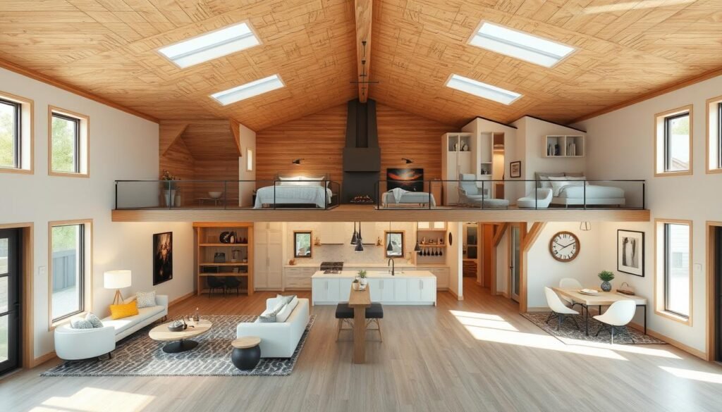 A high-quality architectural rendering of a detailed barndominium floor plan, showcasing the importance of functional spaces. The plan features a well-proportioned open-concept layout, with a spacious living room, a modern kitchen with ample counter space, and a dining area that seamlessly integrates with the surrounding spaces. The bedrooms are positioned for privacy, while the bathrooms are strategically placed for convenience. The overall design emphasizes ergonomic flow and efficient use of space, captured in a warm, natural lighting setting with a soft, inviting atmosphere. The image is rendered in a clean, minimalist style, allowing the functional elements to take center stage.