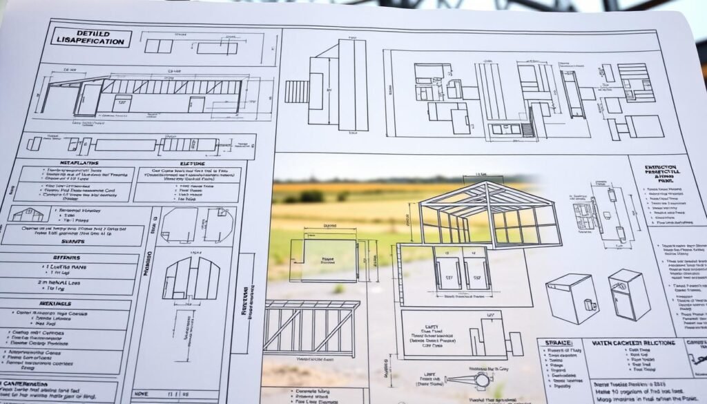 A high-resolution architectural blueprint of a detailed metal building permit plan. The foreground displays the comprehensive construction specifications, including structural dimensions, electrical schematics, and safety regulations. The middle ground showcases technical diagrams of the building's frame, insulation, and ventilation systems. In the background, a soft focus image of a rural landscape provides a contextual setting, emphasizing the practical application of these engineered plans. The lighting is crisp and evenly distributed, captured with a wide-angle lens to provide a comprehensive view. The overall mood is one of precision, compliance, and forward-thinking construction techniques suitable for the modern rural environment. A high-resolution architectural blueprint of a detailed metal building permit plan. The foreground displays the comprehensive construction specifications, including structural dimensions, electrical schematics, and safety regulations. The middle ground showcases technical diagrams of the building's frame, insulation, and ventilation systems. In the background, a soft focus image of a rural landscape provides a contextual setting, emphasizing the practical application of these engineered plans. The lighting is crisp and evenly distributed, captured with a wide-angle lens to provide a comprehensive view. The overall mood is one of precision, compliance, and forward-thinking construction techniques suitable for the modern rural environment.