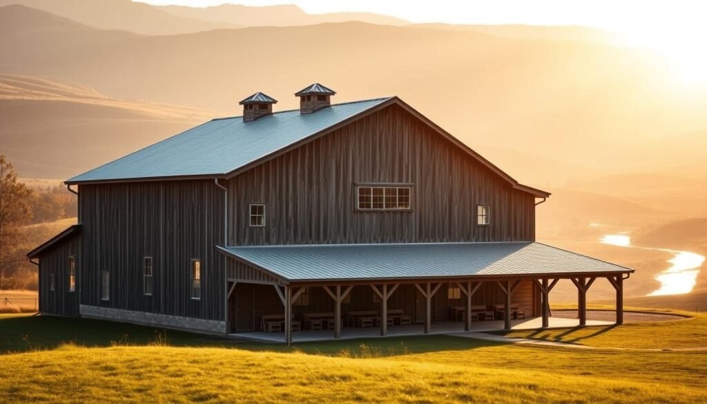 A large, rustic 30x40 barndominium standing proudly in a lush, rolling countryside. The exterior features weathered wood siding, a metal roof, and a spacious wrap-around porch. Warm, golden sunlight filters through the trees, casting a soft glow over the scene. The barndominium is set against a backdrop of rolling hills, with a meandering creek in the distance. The focus is on the building's impressive size and striking architectural features, conveying a sense of strength, practicality, and rural charm. The overall mood is one of tranquility and the simple pleasures of country living.