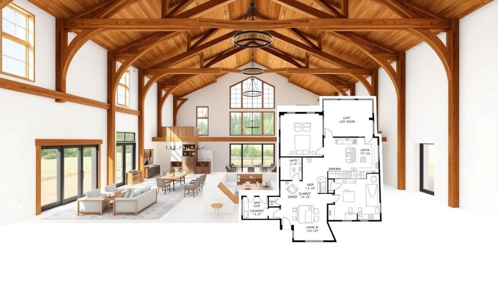 A large, well-organized barndominium floor plan, showcasing an open-concept design with high ceilings, exposed beams, and a seamless blend of living, dining, and kitchen areas. The plans are meticulously detailed, highlighting key structural elements, material choices, and spatial layouts that optimize functionality and livability. Natural lighting floods the space through large windows and sliding glass doors, creating a warm, inviting atmosphere. The plans are presented on a clean, minimalist background, emphasizing the architectural features and allowing the viewer to focus on the design's thoughtful organization and practical considerations.