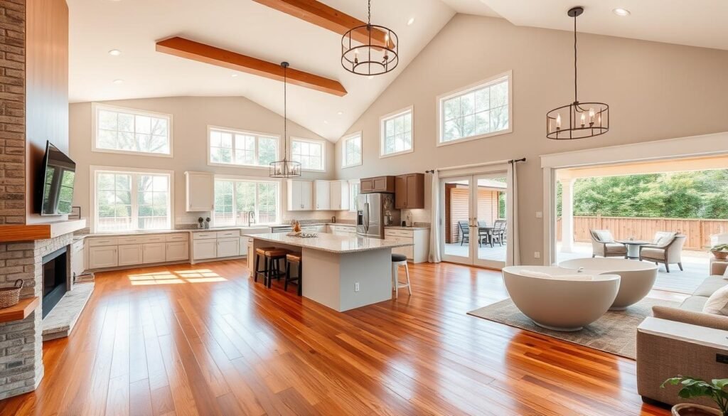 A luxurious barndominium floor plan with an open concept layout. The spacious living area features large windows that flood the space with warm, natural light. Gleaming hardwood floors and a modern, minimalist fireplace create a cozy ambiance. The kitchen is equipped with high-end, stainless steel appliances and a large central island with a granite countertop. The master bedroom boasts a serene, spa-like en-suite bathroom with a freestanding tub and a rain shower. The outdoor patio, accessible through French doors, offers a tranquil retreat with a built-in grill and a comfortable seating area. Elegant lighting fixtures and a neutral color palette throughout lend an air of sophisticated elegance to this exceptional barndominium design.