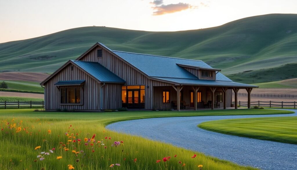 A magnificent 30x40 barndominium nestled in a serene rural landscape. The structure boasts a charming rustic exterior, with a steep gable roof, weathered wood siding, and large windows that flood the interior with natural light. The foreground showcases a lush, well-manicured lawn dotted with vibrant wildflowers, while the middle ground features a gravel driveway leading to the main entrance. In the background, a picturesque rolling hill provides a picturesque backdrop, framed by a warm, golden sunset. The scene exudes a sense of tranquility and comfort, perfectly capturing the essence of a 30x40 barndominium - a smart, affordable, and space-efficient home designed for modern living.