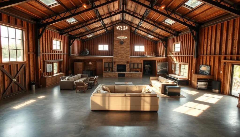 A metal barn home, a unique architectural blend of rustic charm and modern functionality. The floor plans reveal an open concept design, with a central living area surrounded by bedrooms and ancillary spaces. Sunlight streams through large windows, casting a warm glow over the polished concrete floors and exposed metal beams. The layout is practical yet visually striking, a harmonious marriage of industrial elements and cozy, inviting ambiance. Captured from an elevated perspective, the image showcases the thoughtful integration of form and function, inviting the viewer to imagine the boundless potential of this versatile barndo lifestyle.