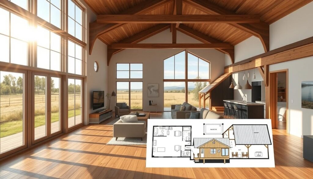 A meticulously detailed barndo plan, featuring an open-concept layout with a harmonious blend of rustic and modern elements. The sun filters through large windows, casting a warm glow over the exposed wooden beams and sleek, minimalist furnishings. In the foreground, a floor plan showcases flexible customization options, allowing for personalized living spaces tailored to the owner's needs. The middle ground depicts a 3D rendering of the barndo's exterior, showcasing its distinctive gambrel roof and charming, barn-inspired architecture. In the background, a serene countryside landscape sets the stage, hinting at the tranquil, countryside setting that complements the barndo's design.