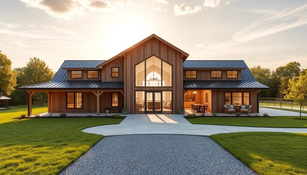 A modern and inviting 40x60 barndominium nestled in a serene countryside setting. The sprawling structure features a charming exterior with rustic wood siding, a covered porch, and a detached garage. Warm sunlight streams through the large windows, illuminating the spacious open-concept interior with high ceilings and a loft area. The barndominium's design seamlessly blends farmhouse and contemporary elements, creating a comfortable and functional living space. A well-manicured lawn and lush greenery surround the home, completing the picturesque rural ambiance.