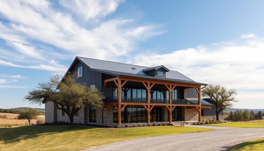 A modern barndominium design in Austin, Texas, set against a backdrop of rolling hills and a cloudless azure sky. The structure features a blend of rustic barn-like elements and sleek, contemporary architecture. Large windows allow natural light to flood the interior, creating a warm and inviting ambiance. A spacious front porch with sturdy wooden beams and a metal roof provides ample outdoor living space. The landscape is dotted with mature oak trees, and a gravel driveway leads to the property. The image captures the harmonious fusion of traditional Texas aesthetics and cutting-edge design, embodying the essence of the Austin barndominium lifestyle.